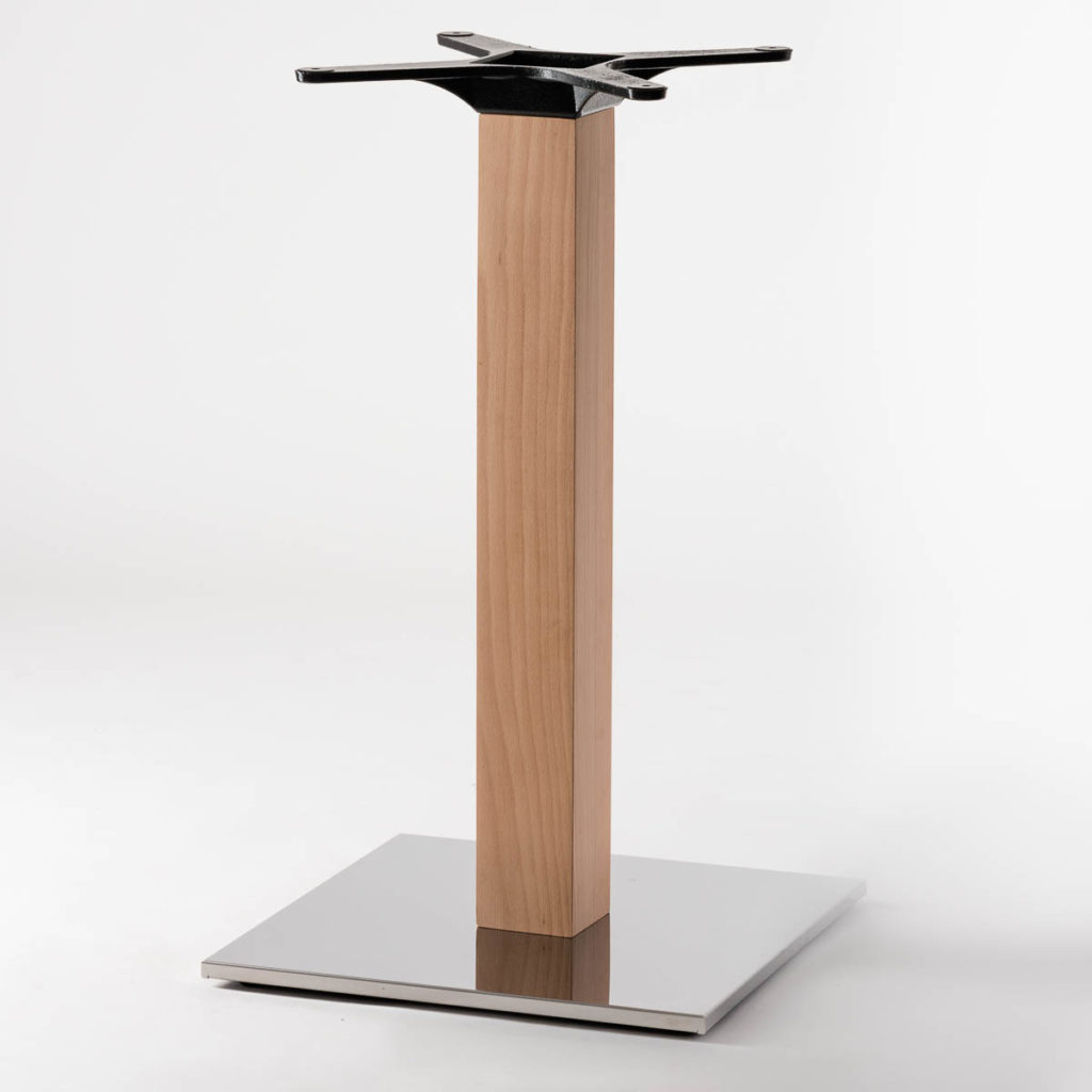 Stół z drewnianą nogą kwadratową z podstawą ze stali polerowanej